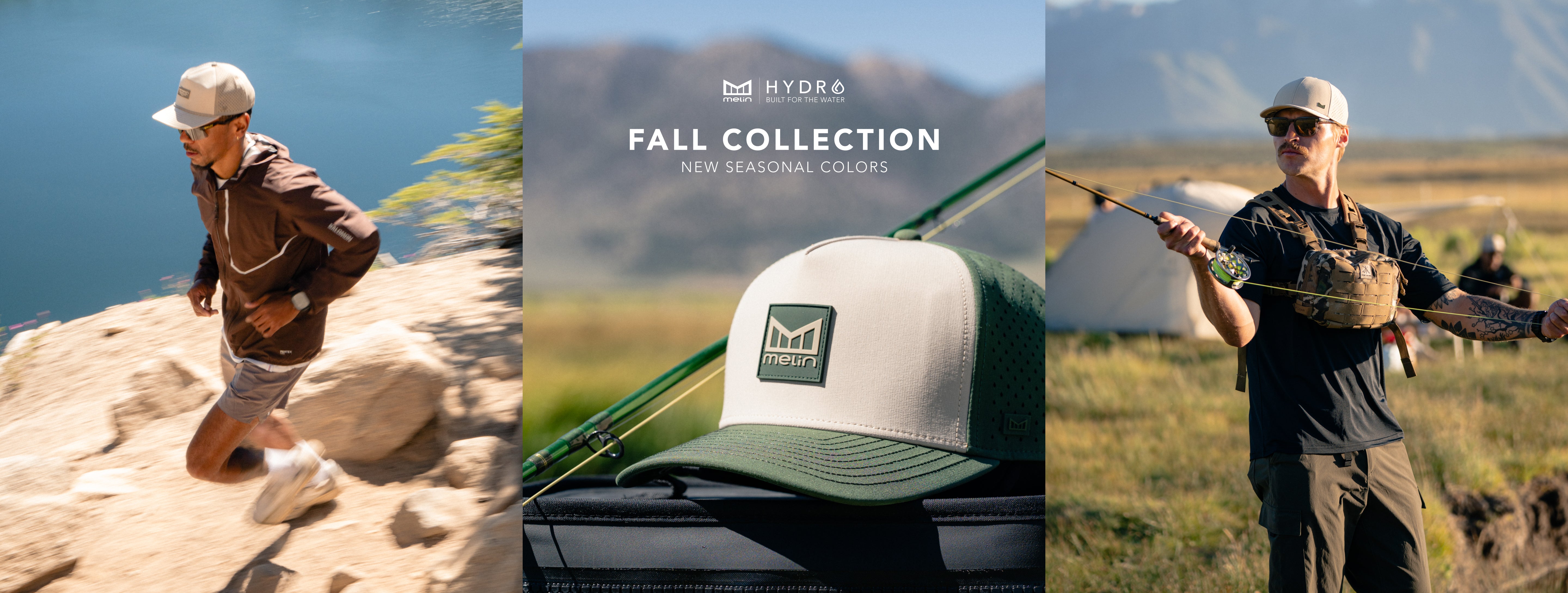 Collage of a person hiking, a cap with a logo, and another person with a bow and arrow, featuring the melin brand.